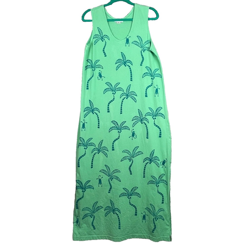 M Mac Maxi‎ Dress Womens Small Geeen Monkey Palm Trees Whimsical Cover Up Slits
